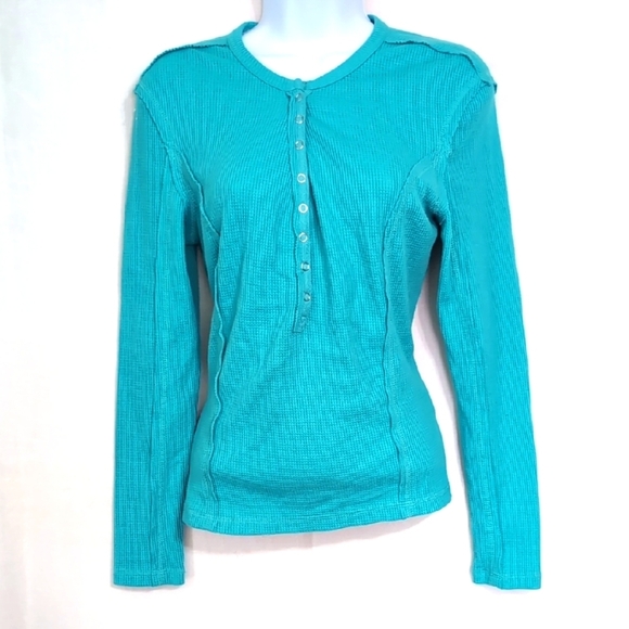 Turquoise Waffle Knit Half Snap Chest Long Sleeve Thermal Top Size Medium - Picture 1 of 4